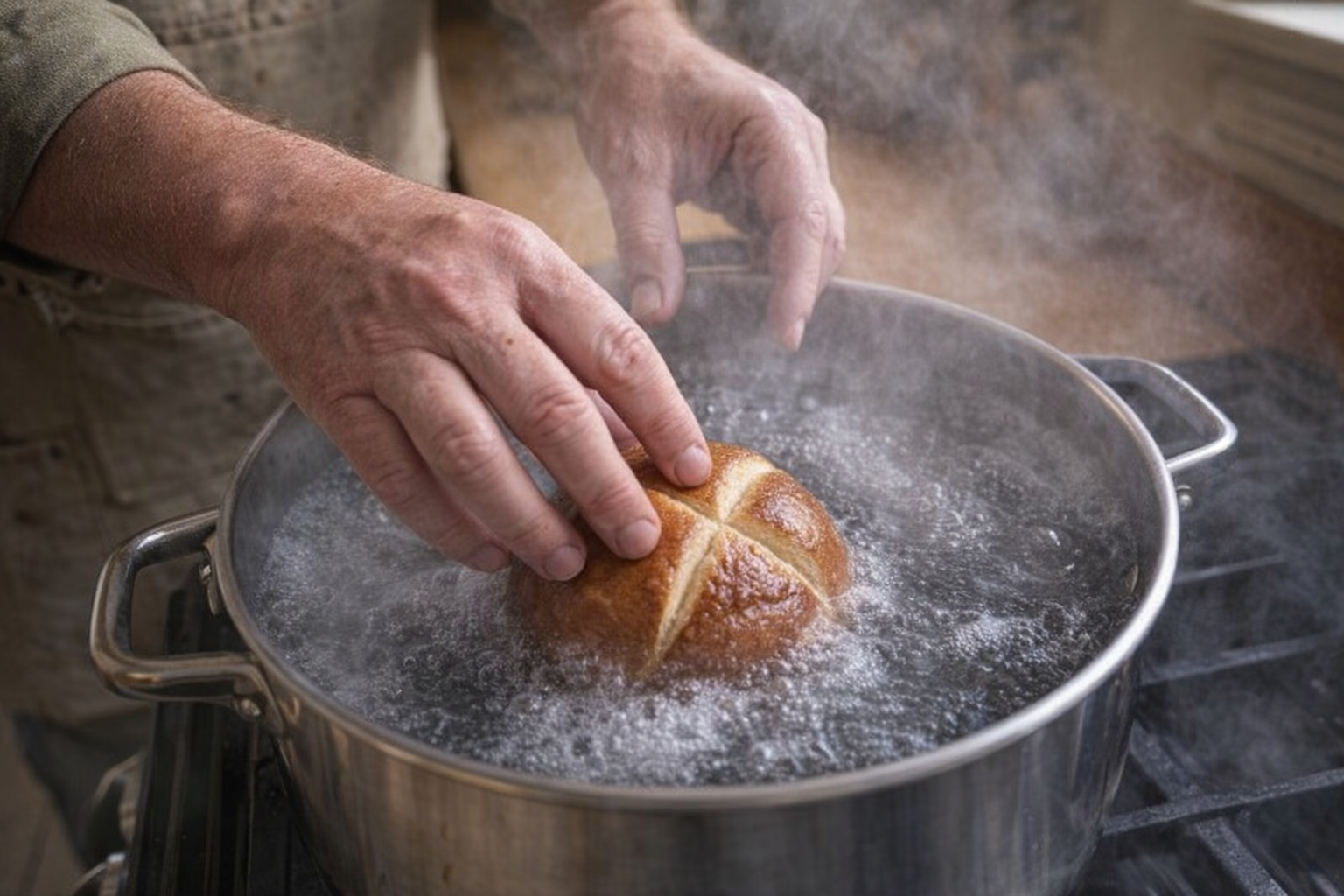 A close-up shot of a baker placing a formed pretzel bun into a boiling baking soda solution with steam rising, shot from a high angle